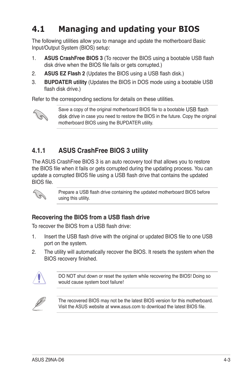 1 managing and updating your bios, 1 asus crashfree bios 3 utility, Managing and updating your bios -3 4.1.1 | Asus crashfree bios 3 utility -3, Managing and updating your bios -3 | Asus Z9NA-D6 User Manual | Page 63 / 188