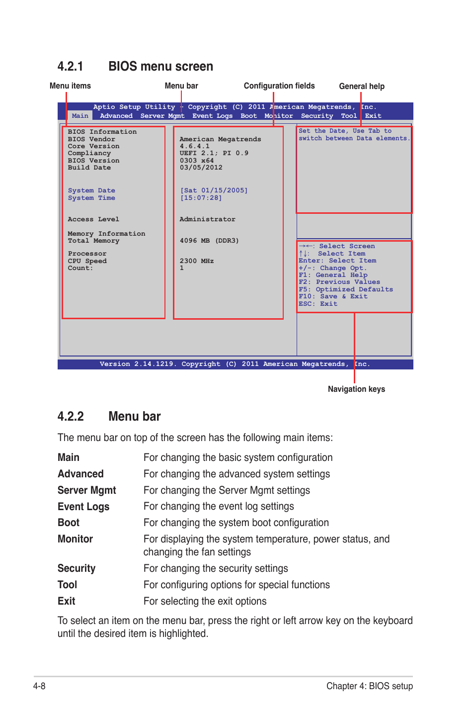 1 bios menu screen, 2 menu bar, Bios menu screen -8 | Menu bar -8 | Asus Z9NA-D6 User Manual | Page 68 / 188