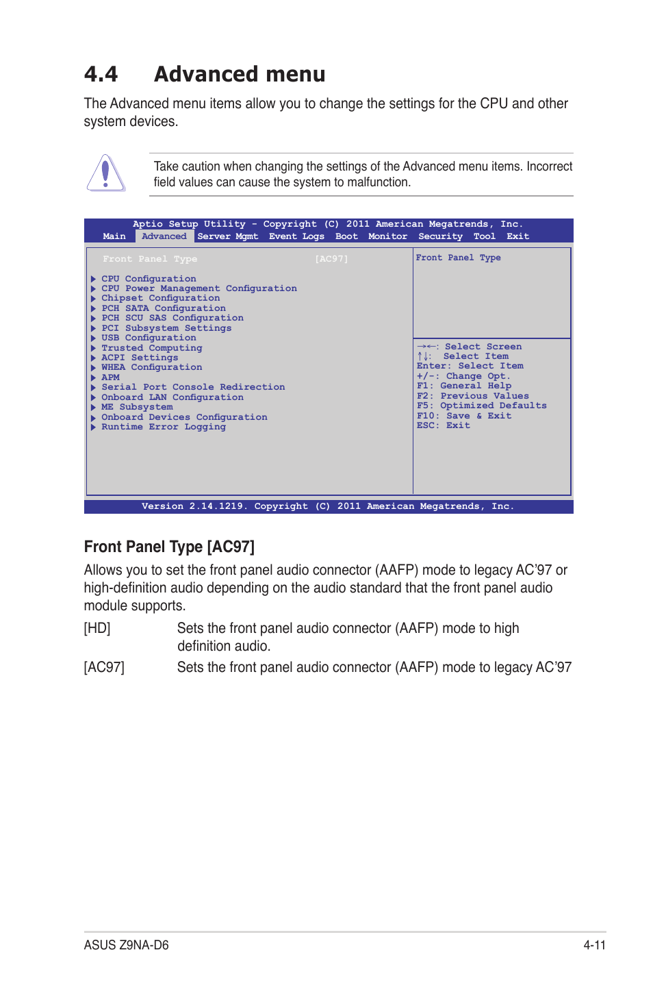 4 advanced menu, Advanced menu -11, Front panel type [ac97 | Asus Z9NA-D6 User Manual | Page 71 / 188