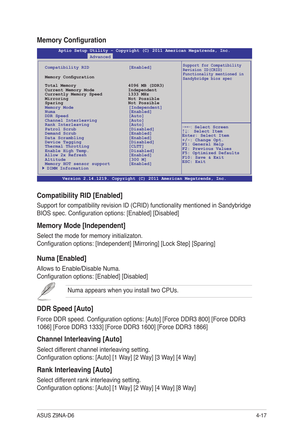 Compatibility rid [enabled, Numa [enabled, Ddr speed [auto | Channel interleaving [auto, Rank interleaving [auto | Asus Z9NA-D6 User Manual | Page 77 / 188