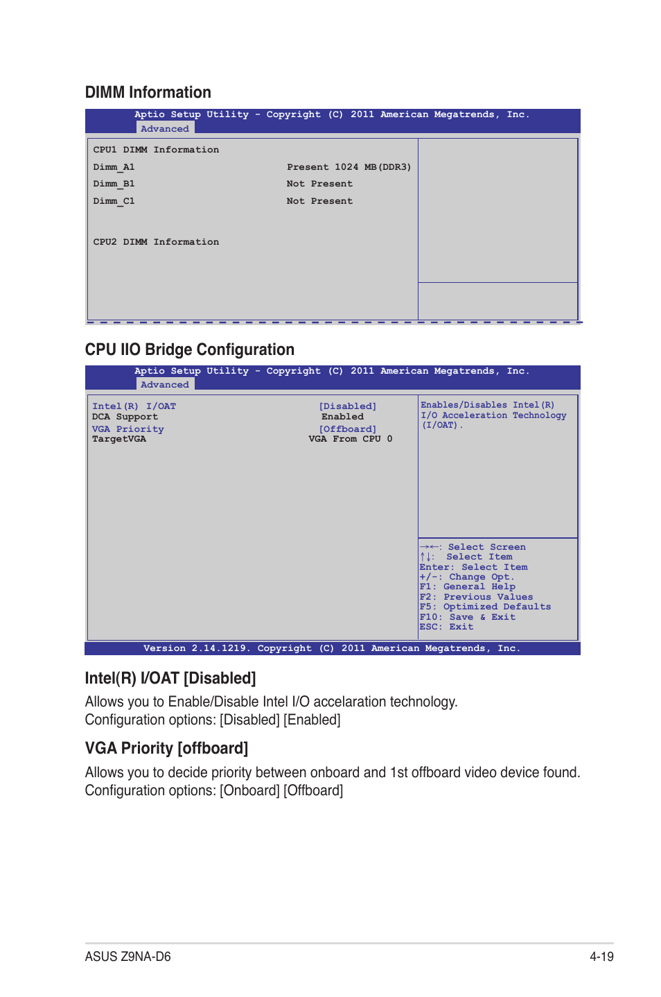 Intel(r) i/oat [disabled, Vga priority [offboard, Cpu iio bridge configuration | Dimm information | Asus Z9NA-D6 User Manual | Page 79 / 188