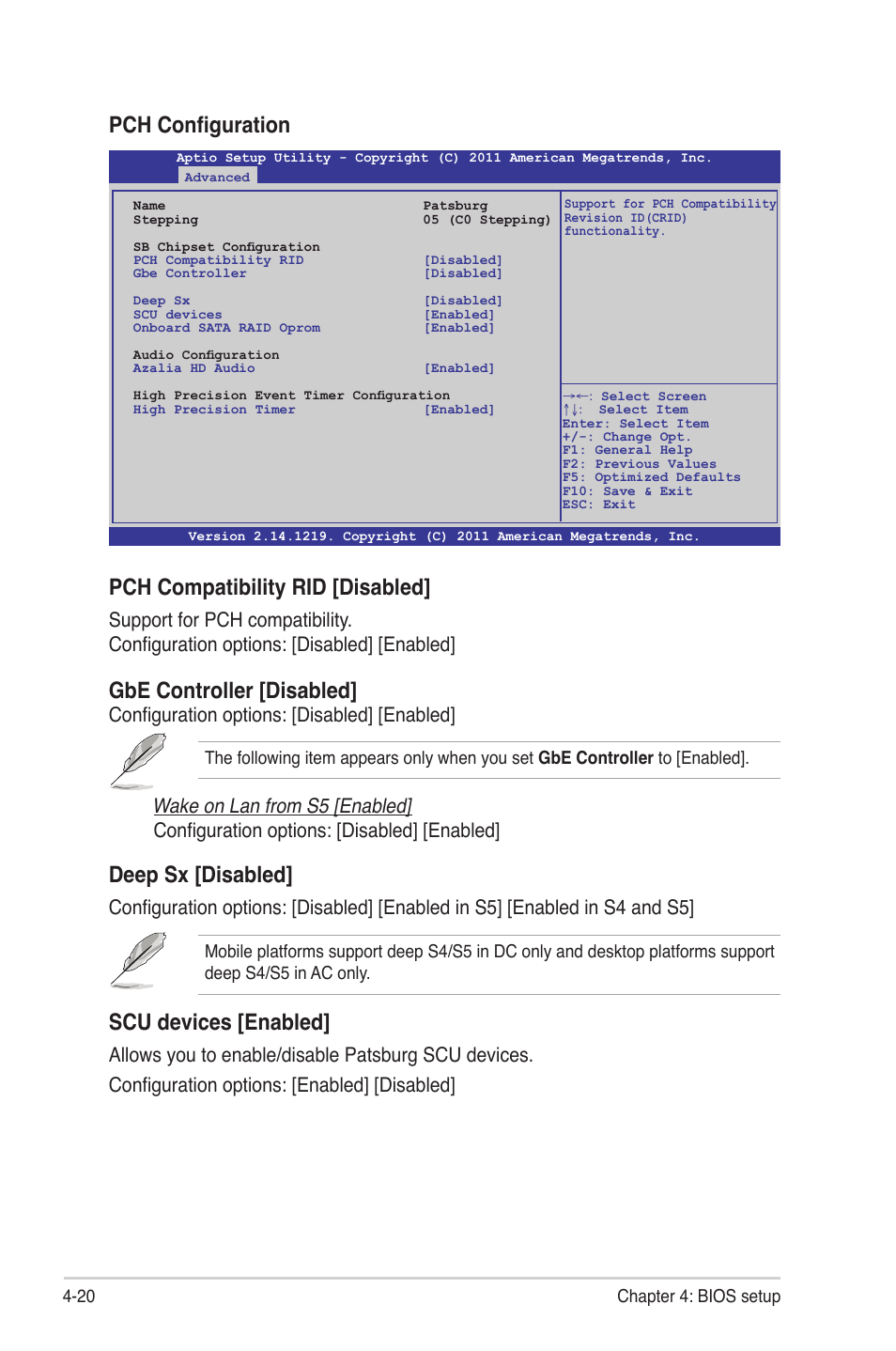 Pch configuration, Pch compatibility rid [disabled, Gbe controller [disabled | Deep sx [disabled, Scu devices [enabled, Configuration options: [disabled] [enabled | Asus Z9NA-D6 User Manual | Page 80 / 188