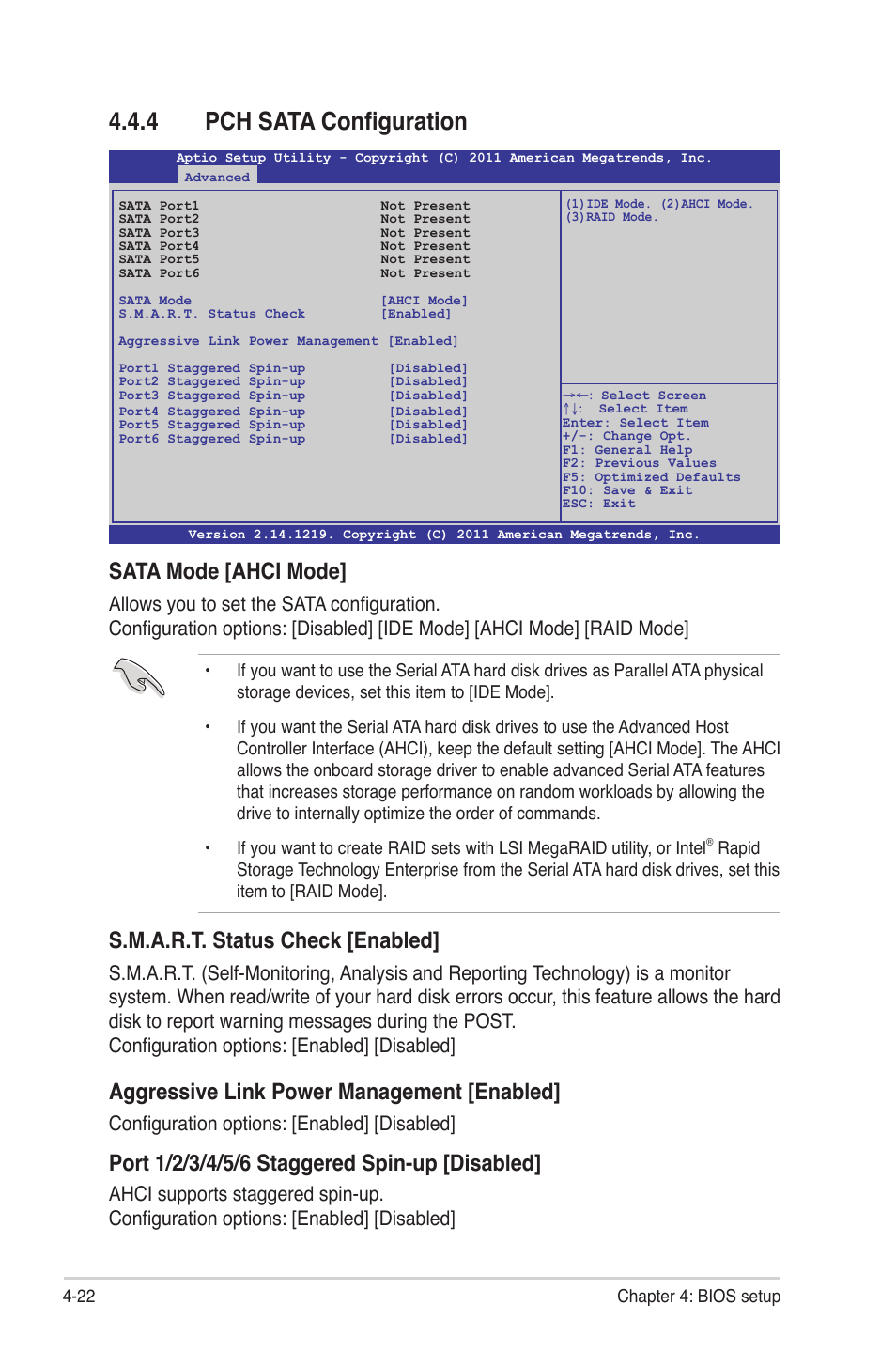 4 pch sata configuration, Pch sata configuration -22, Sata mode [ahci mode | S.m.a.r.t. status check [enabled, Aggressive link power management [enabled, Configuration options: [enabled] [disabled | Asus Z9NA-D6 User Manual | Page 82 / 188