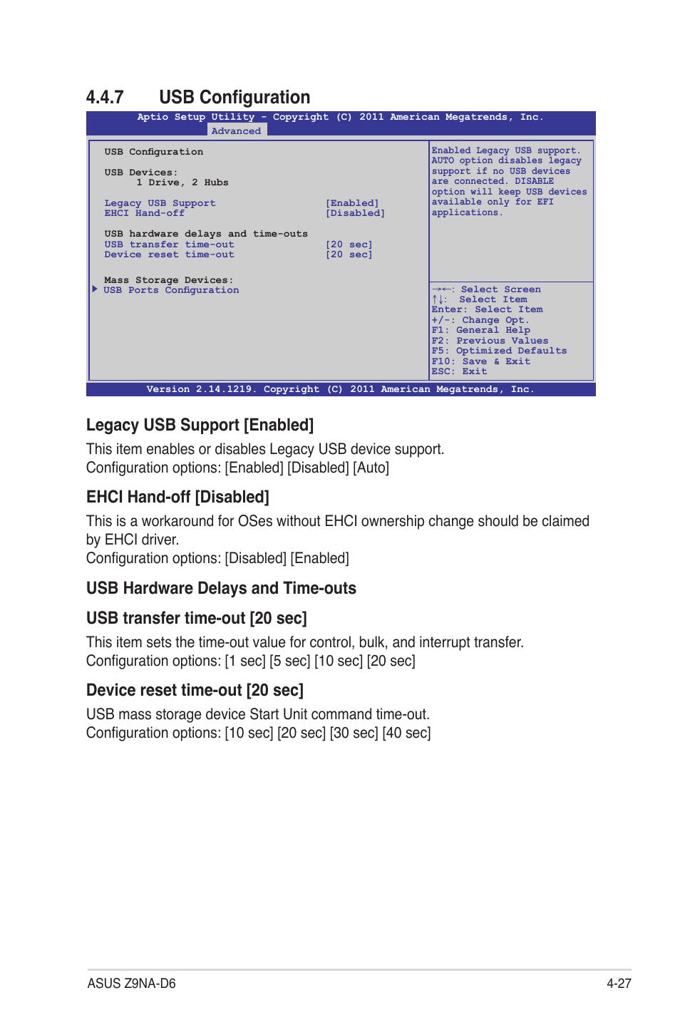 7 usb configuration, Usb configuration -27, Legacy usb support [enabled | Ehci hand-off [disabled, Device reset time-out [20 sec | Asus Z9NA-D6 User Manual | Page 87 / 188