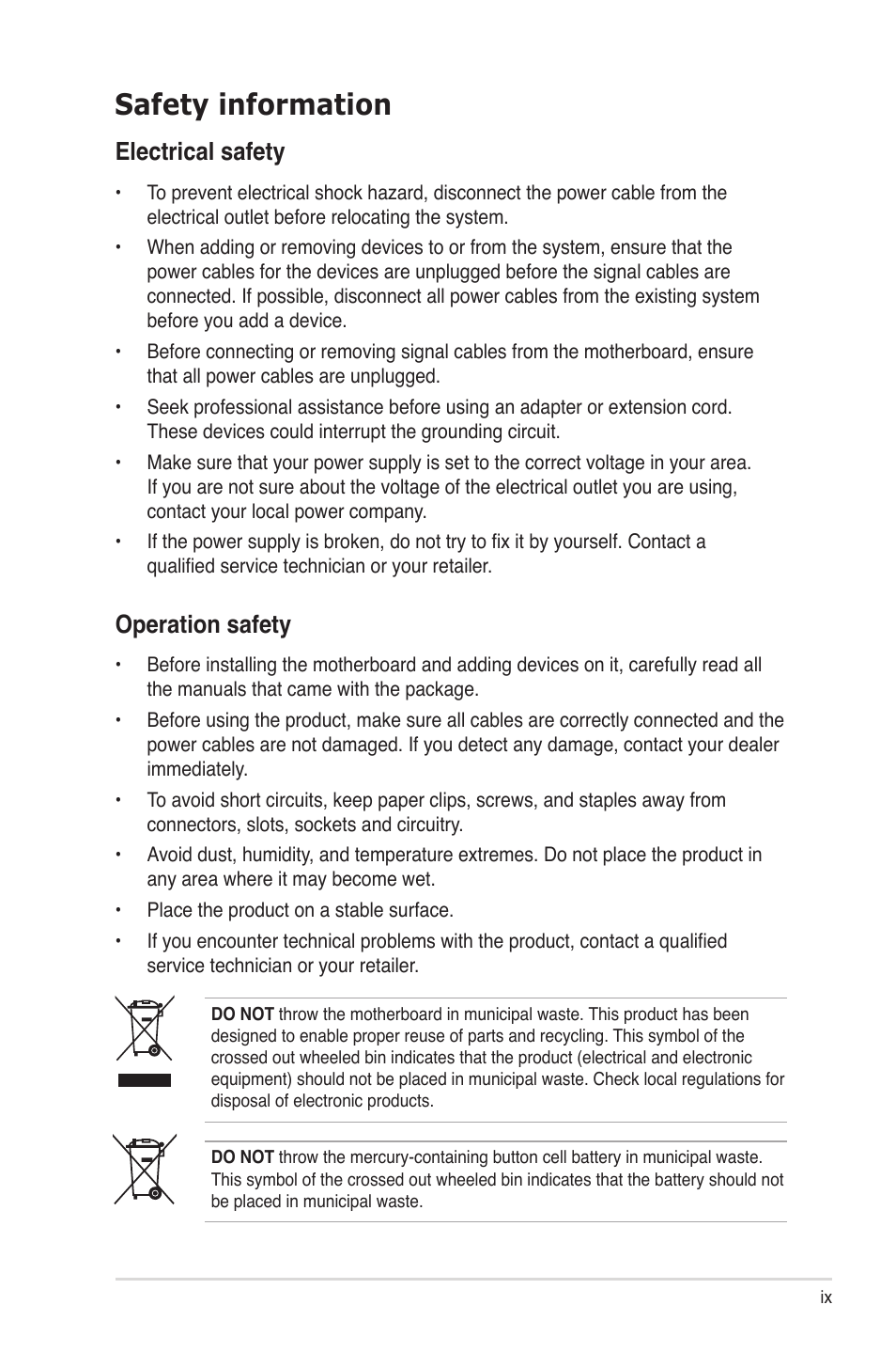Safety information, Electrical safety, Operation safety | Asus Z9NA-D6 User Manual | Page 9 / 188