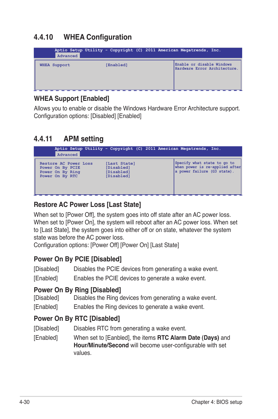 10 whea configuration, 11 apm setting, 10 whea configuration -30 4.4.11 apm setting -30 | Whea support [enabled, Restore ac power loss [last state, Power on by pcie [disabled, Power on by ring [disabled, Power on by rtc [disabled | Asus Z9NA-D6 User Manual | Page 90 / 188