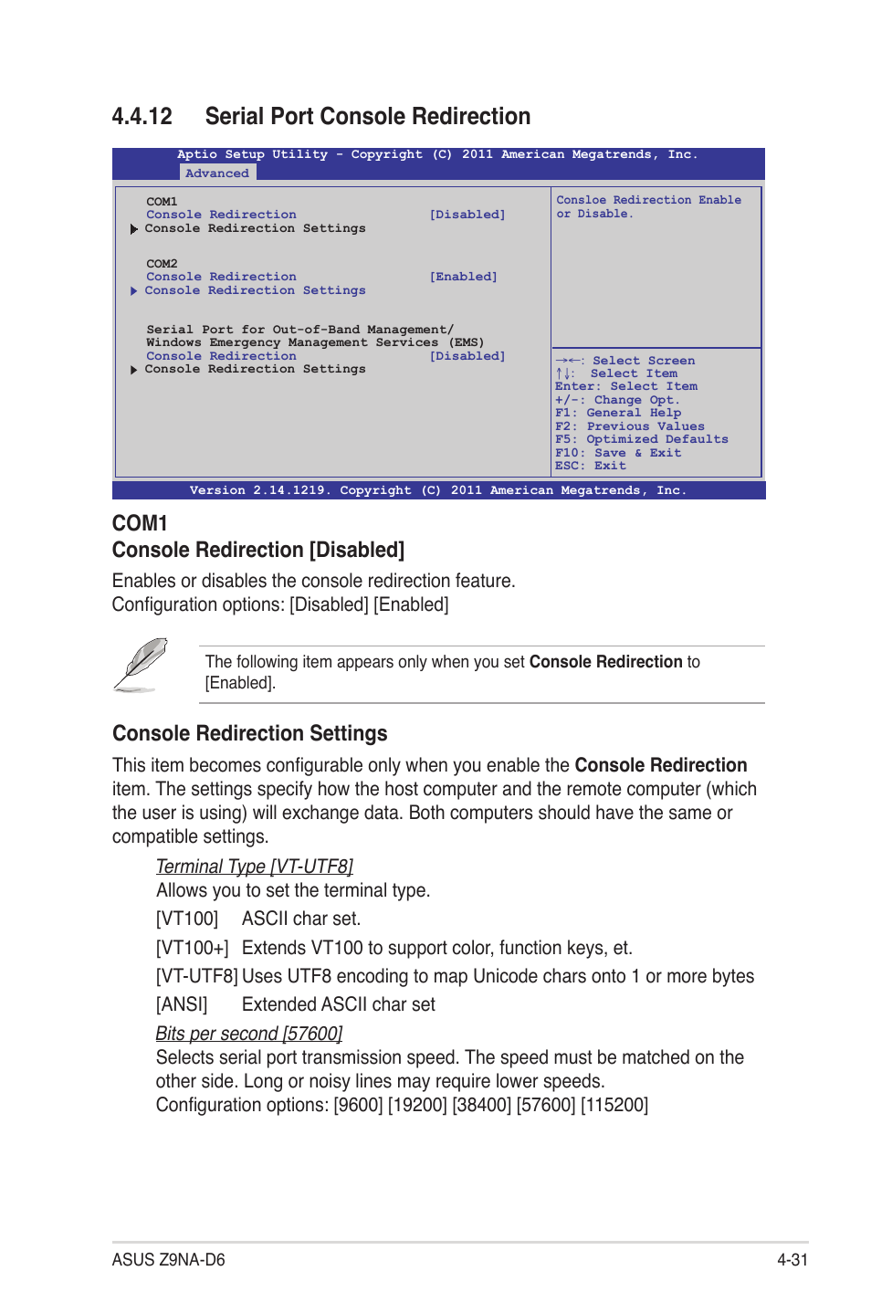 12 serial port console redirection, 12 serial port console redirection -31, Console redirection settings | Com1 console redirection [disabled | Asus Z9NA-D6 User Manual | Page 91 / 188