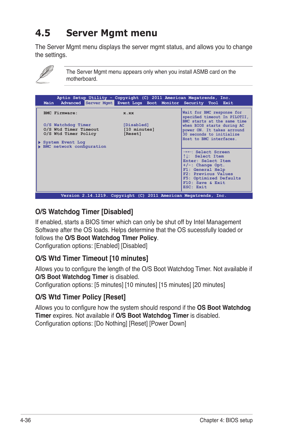 5 server mgmt menu, Server mgmt menu -36, O/s watchdog timer [disabled | O/s wtd timer timeout [10 minutes, O/s wtd timer policy [reset | Asus Z9NA-D6 User Manual | Page 96 / 188