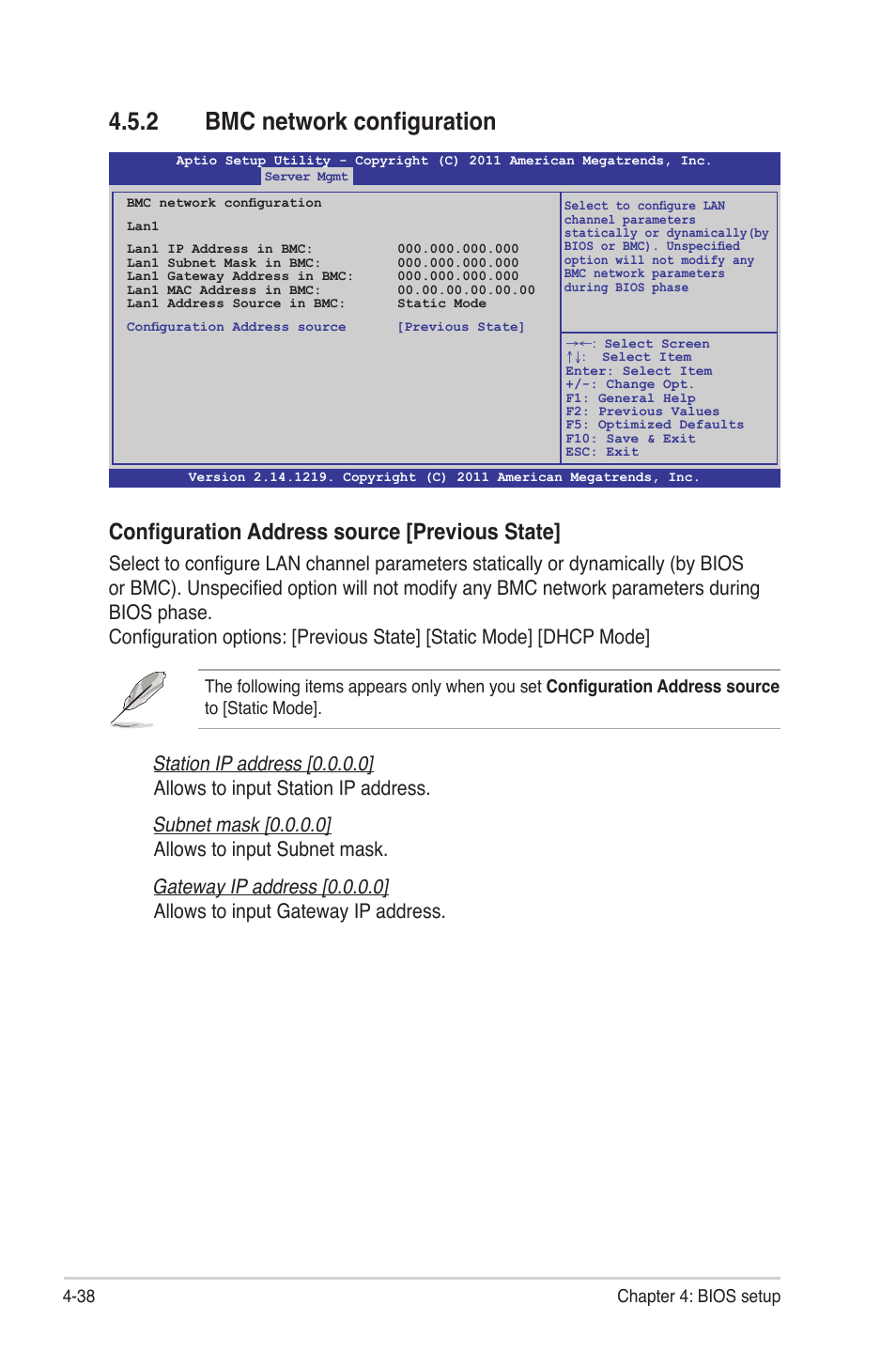 2 bmc network configuration, Bmc network configuration -38, Configuration address source [previous state | Asus Z9NA-D6 User Manual | Page 98 / 188