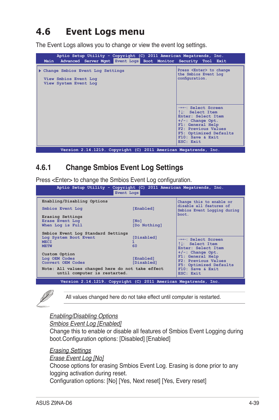 6 event logs menu, 1 change smbios event log settings, Event logs menu -39 4.6.1 | Change smbios event log settings -39, Event logs menu -39 | Asus Z9NA-D6 User Manual | Page 99 / 188