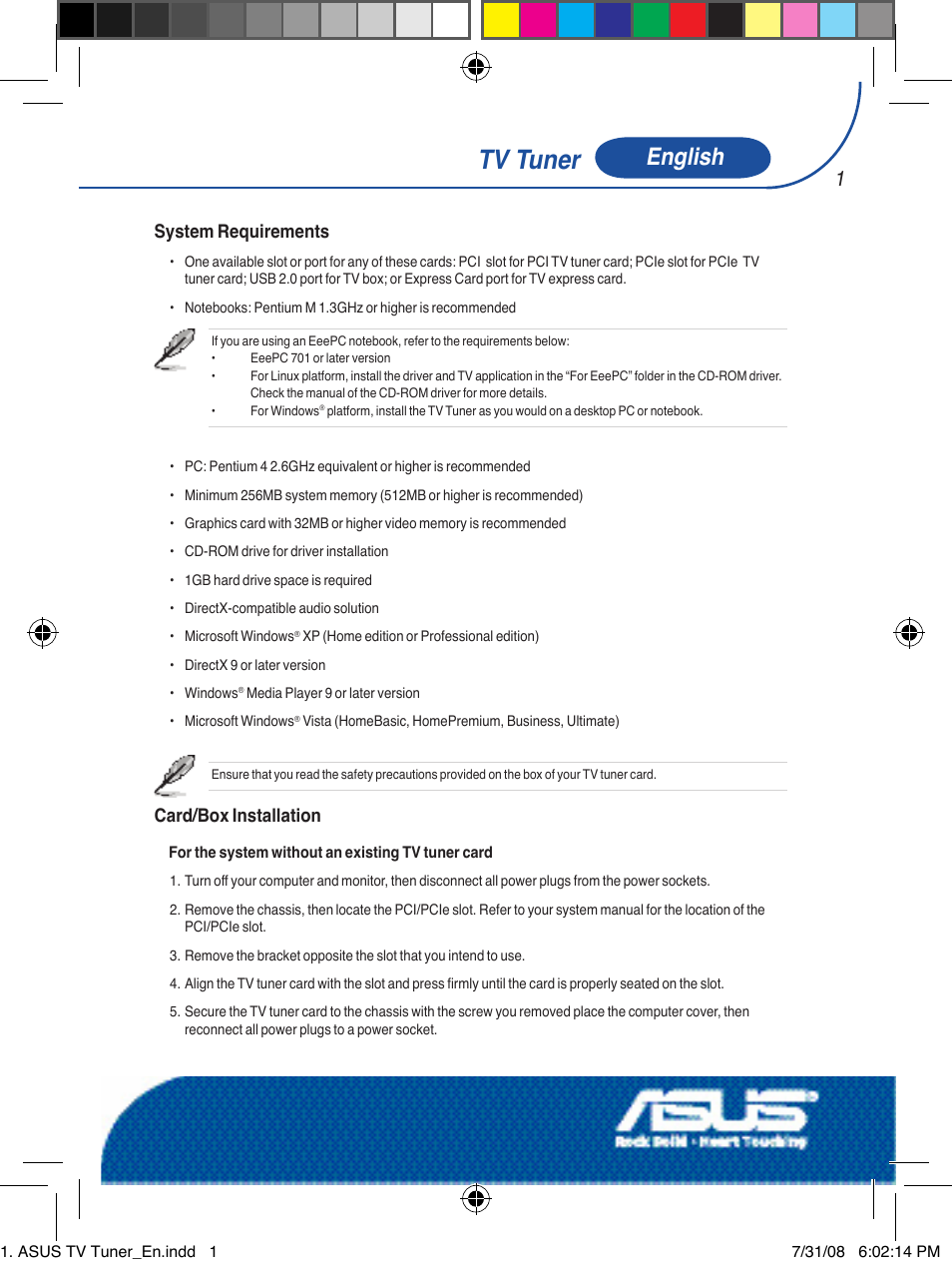 Tv tuner, English, System requirements | Card/box installation | Asus My Cinema-U3000Hybrid User Manual | Page 2 / 146