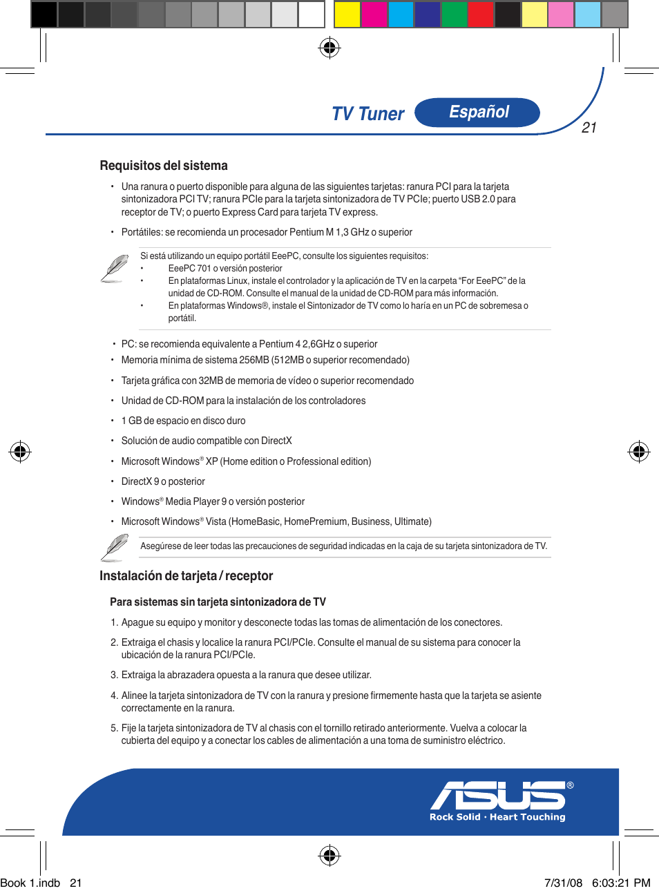 Tv tuner, Español, Requisitos del sistema | Instalación de tarjeta / receptor | Asus My Cinema-U3000Hybrid User Manual | Page 22 / 146