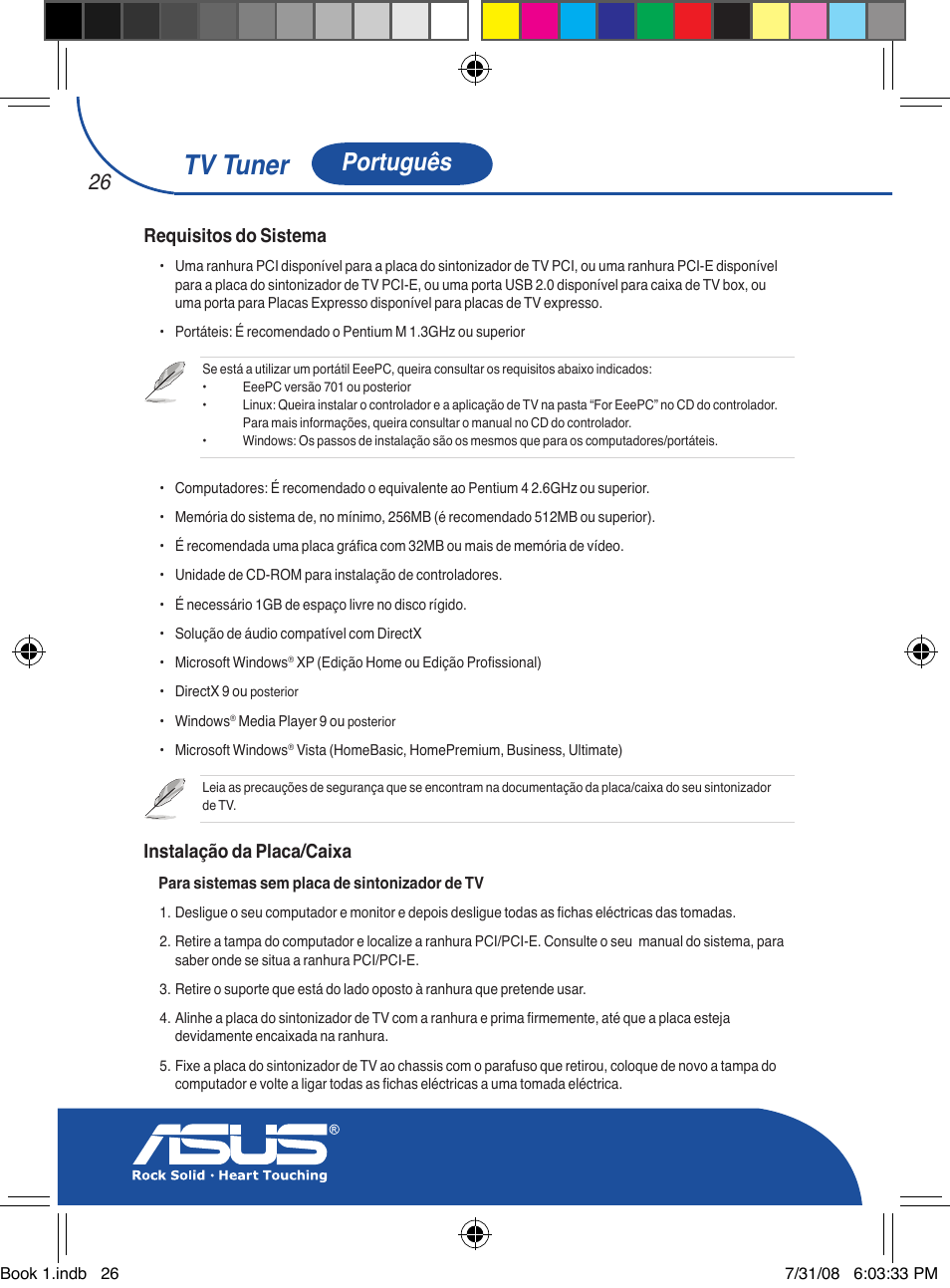 Tv tuner, Português, Requisitos do sistema | Instalação da placa/caixa | Asus My Cinema-U3000Hybrid User Manual | Page 27 / 146