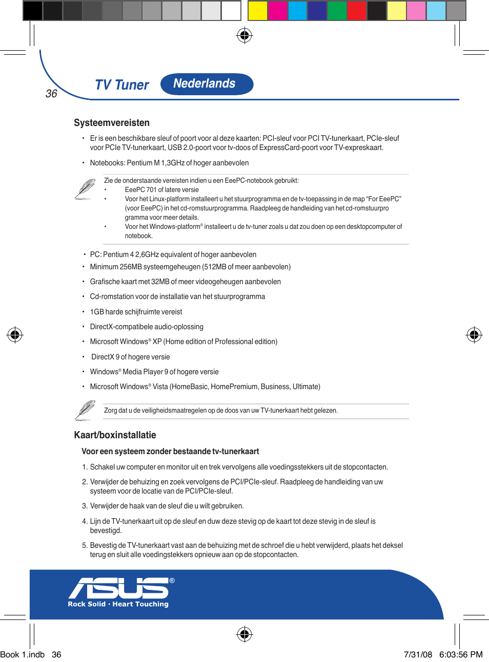 Tv tuner, Nederlands, Systeemvereisten | Kaart/boxinstallatie | Asus My Cinema-U3000Hybrid User Manual | Page 37 / 146