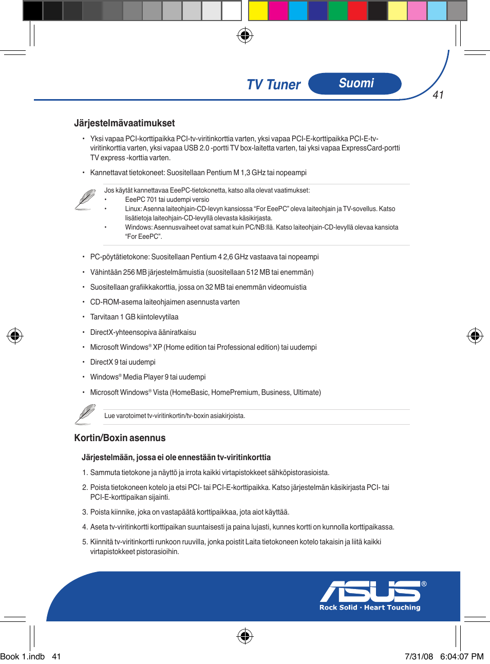 Tv tuner, Suomi, Järjestelmävaatimukset | Kortin/boxin asennus | Asus My Cinema-U3000Hybrid User Manual | Page 42 / 146