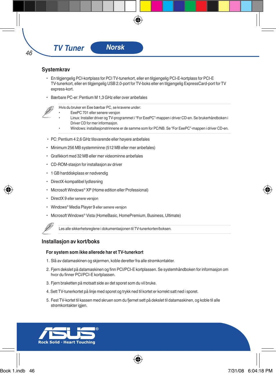 Tv tuner, Norsk, Systemkrav | Installasjon av kort/boks | Asus My Cinema-U3000Hybrid User Manual | Page 47 / 146