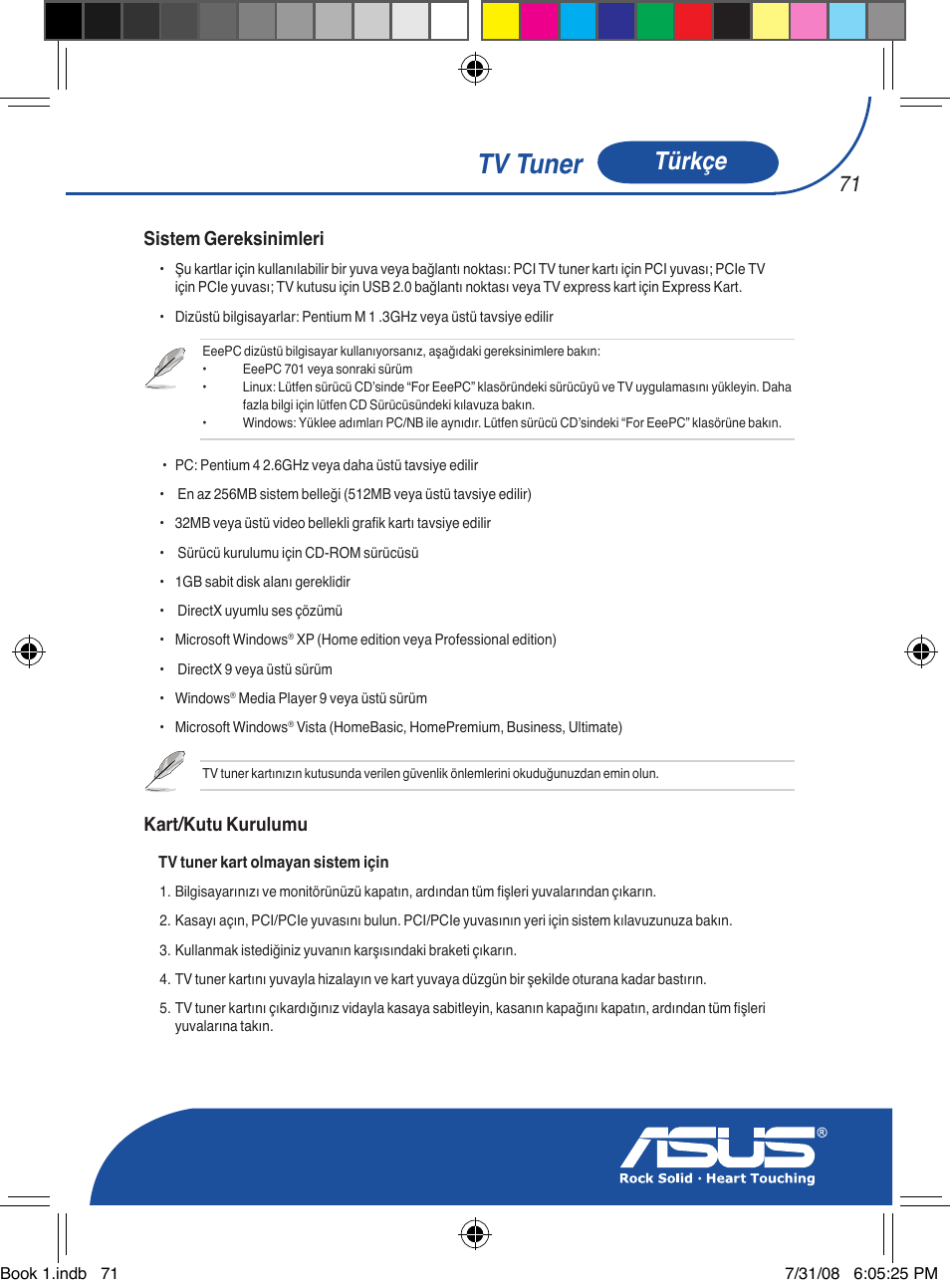 Tv tuner, Türkçe, Sistem gereksinimleri | Kart/kutu kurulumu | Asus My Cinema-U3000Hybrid User Manual | Page 72 / 146