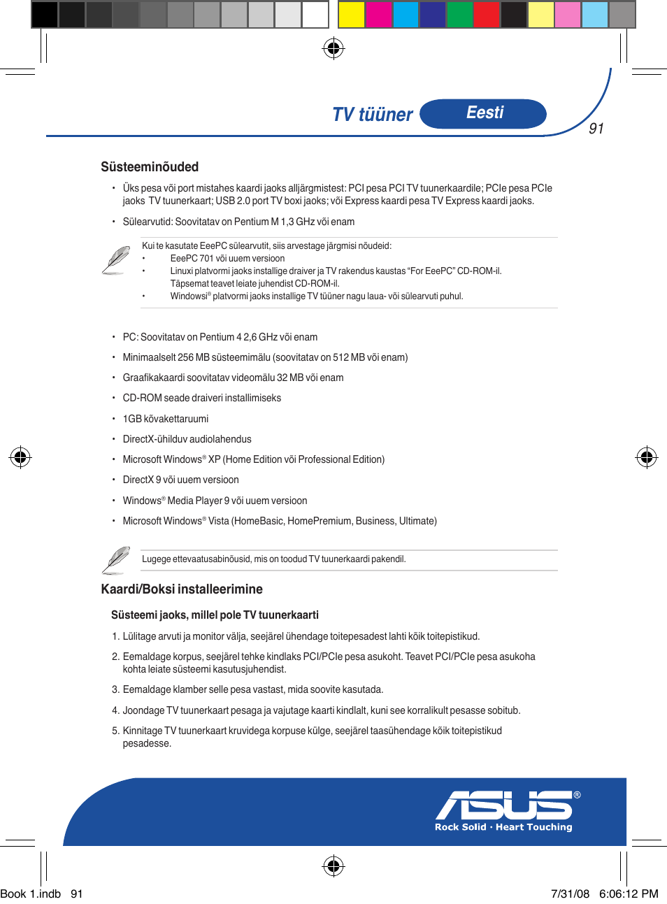 Tv tüüner, Eesti, Süsteeminõuded | Kaardi/boksi installeerimine | Asus My Cinema-U3000Hybrid User Manual | Page 92 / 146