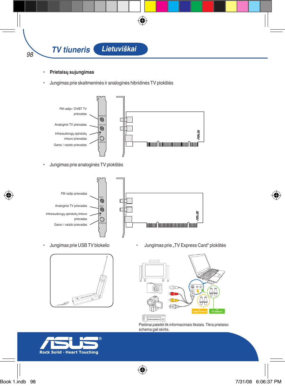 Tv tiuneris, Lietuviškai, Jungimas prie analoginės tv plokštės | Asus My Cinema-U3000Hybrid User Manual | Page 99 / 146