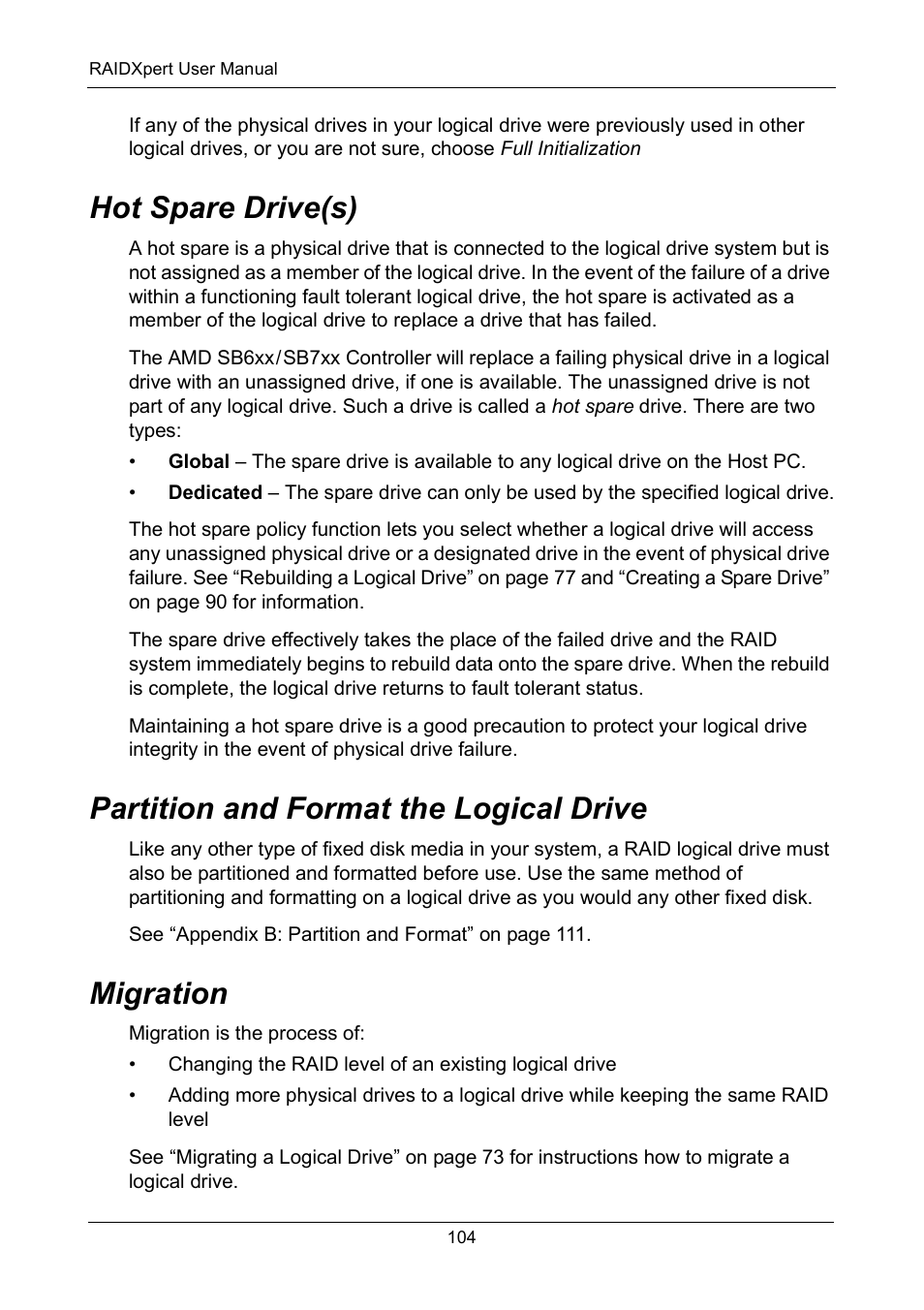 Hot spare drive(s), Partition and format the logical drive, Migration | Asus M3A78-EMH HDMI User Manual | Page 110 / 120