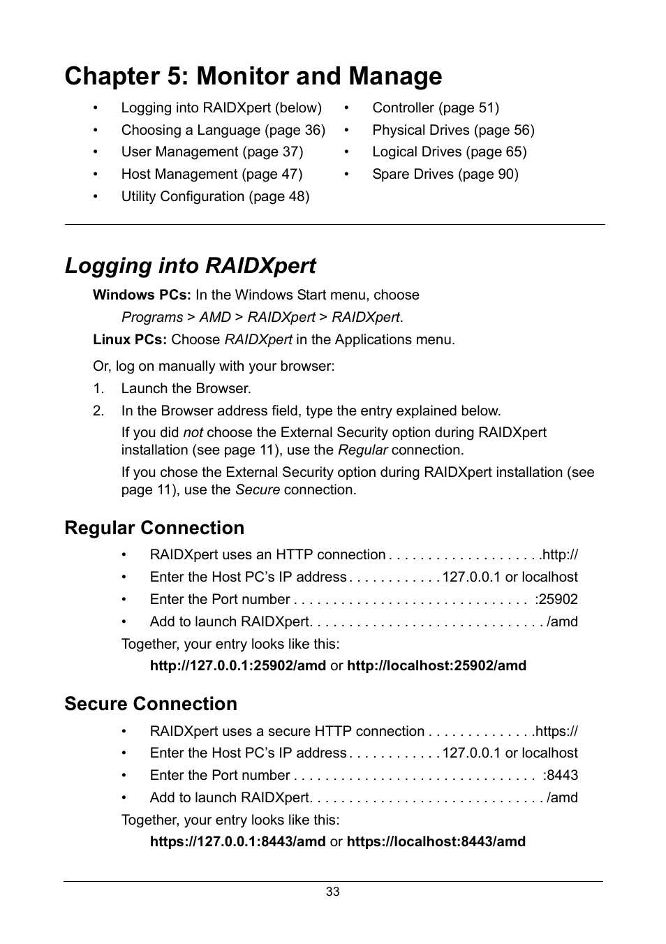 Chapter 5: monitor and manage, Logging into raidxpert, Regular connection | Secure connection, Regular connection secure connection, Chapter 5: monitor and manage, cont | Asus M3A78-EMH HDMI User Manual | Page 39 / 120