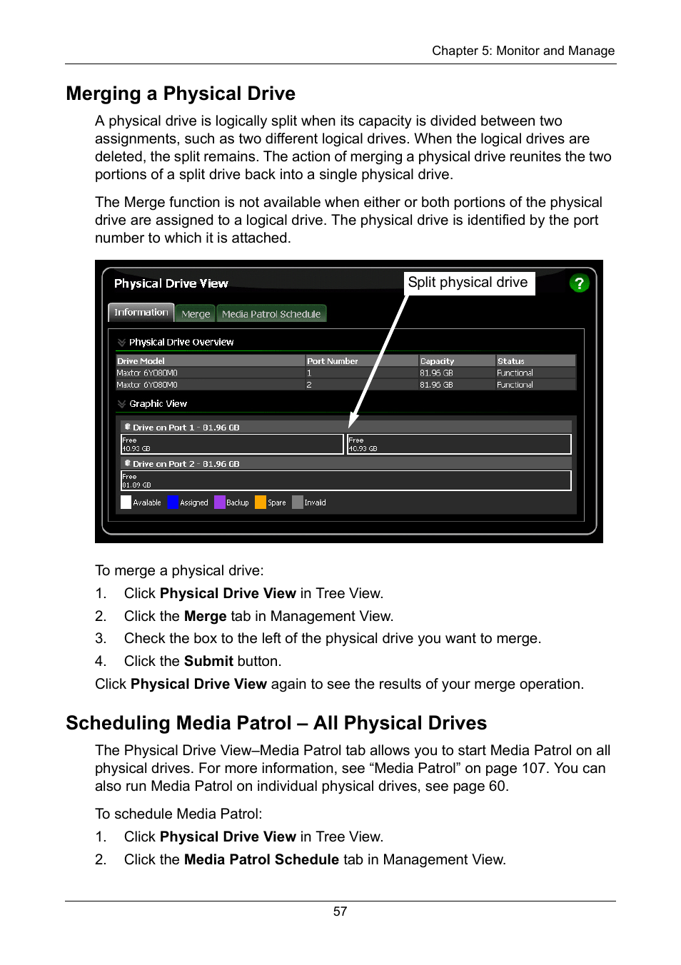 Merging a physical drive, Scheduling media patrol - all physical drives, Scheduling media patrol – all physical drives | Asus M3A78-EMH HDMI User Manual | Page 63 / 120