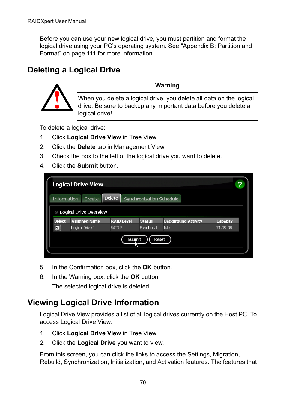 Deleting a logical drive, Viewing logical drive information | Asus M3A78-EMH HDMI User Manual | Page 76 / 120