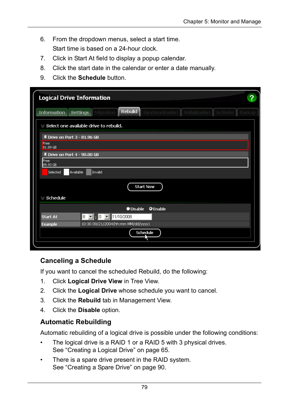 Canceling a schedule, Automatic rebuilding, Canceling a schedule automatic rebuilding | Asus M3A78-EMH HDMI User Manual | Page 85 / 120