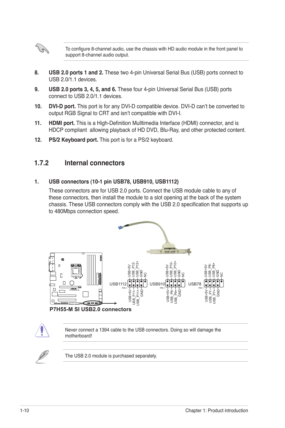 2 internal connectors, Internal connectors -10 | Asus P7H55-M SI User Manual | Page 20 / 50