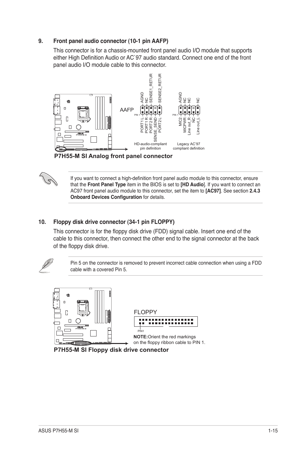 P7h55-m si analog front panel connector, P7h55-m si floppy disk drive connector, Floppy | Asus P7H55-M SI User Manual | Page 25 / 50