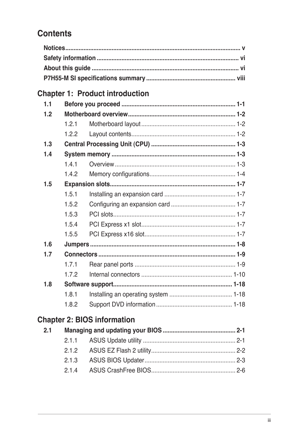 Asus P7H55-M SI User Manual | Page 3 / 50