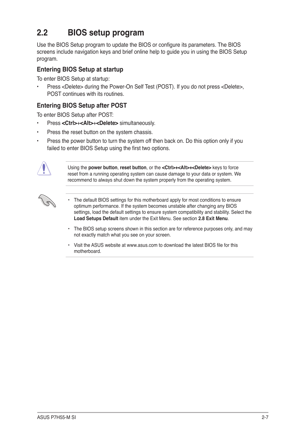 2 bios setup program, Bios setup program -7 | Asus P7H55-M SI User Manual | Page 35 / 50