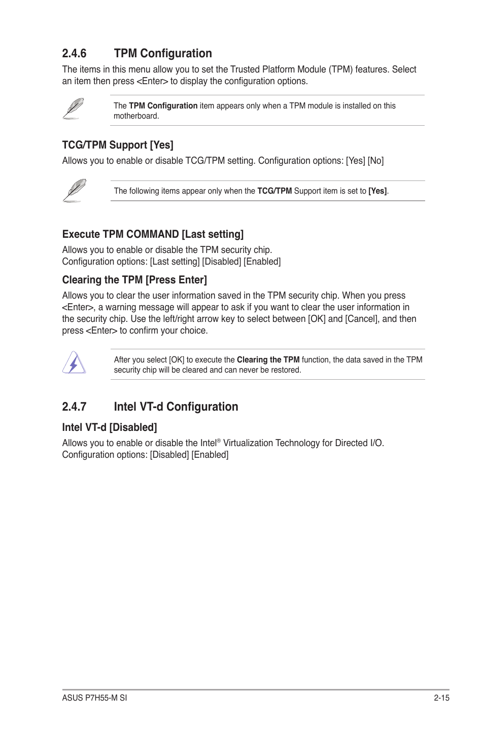 6 tpm configuration, 7 intel vt-d configuration, Tpm configuration -15 | 7 intel vt-d configuration -15 | Asus P7H55-M SI User Manual | Page 43 / 50