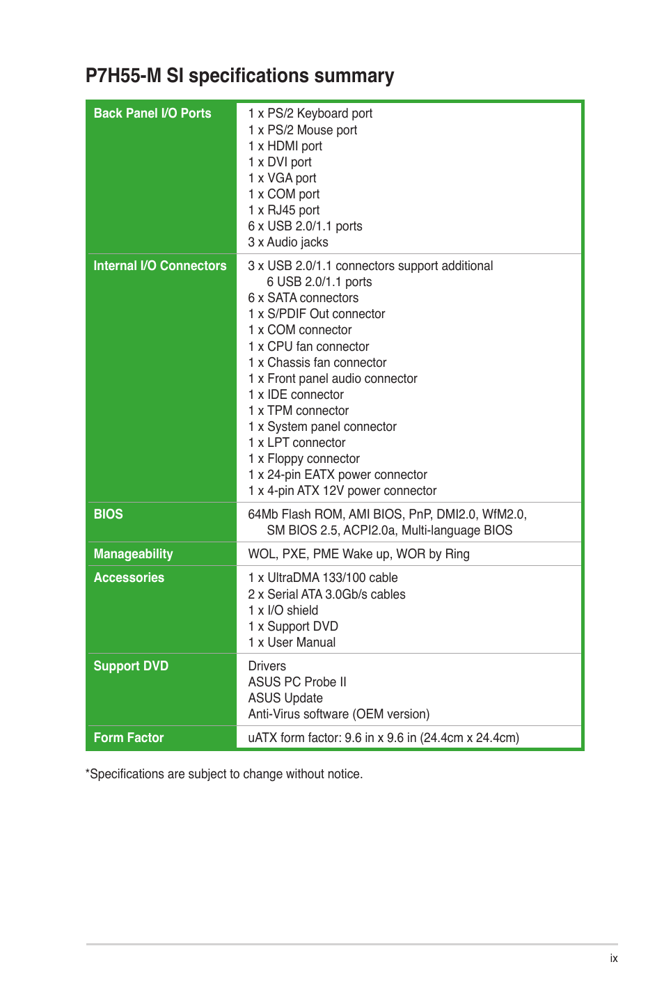 P7h55-m si specifications summary | Asus P7H55-M SI User Manual | Page 9 / 50