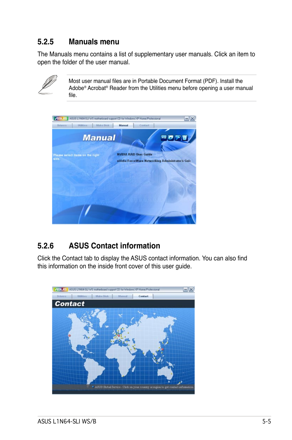 5 manuals menu, 6 asus contact information | Asus L1N64-SLI WS/B User Manual | Page 105 / 108