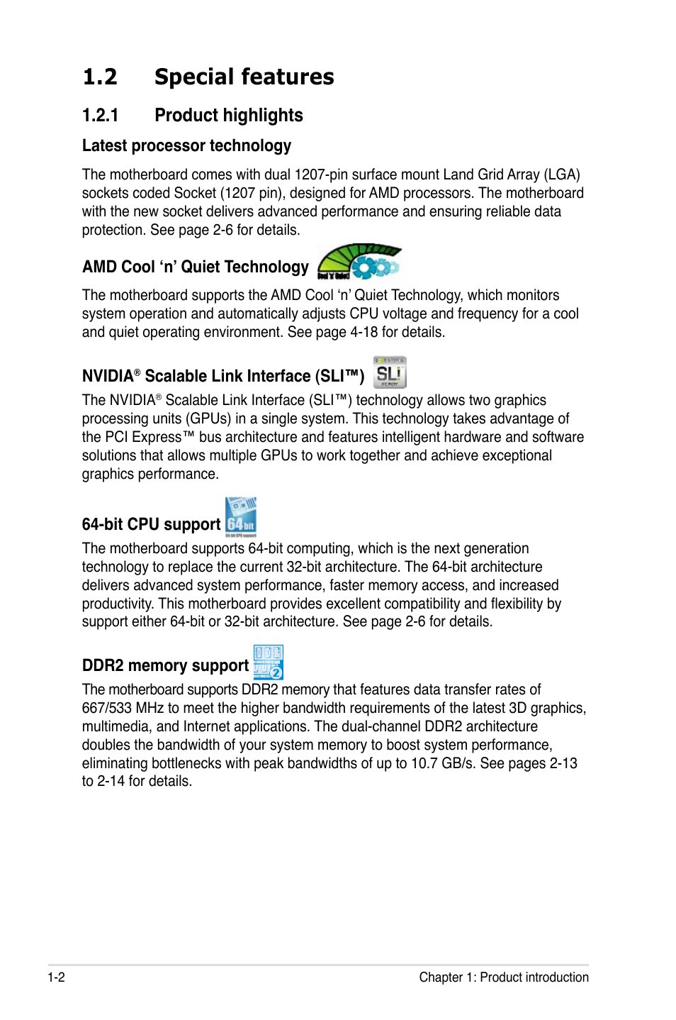 2 special features, 1 product highlights | Asus L1N64-SLI WS/B User Manual | Page 16 / 108