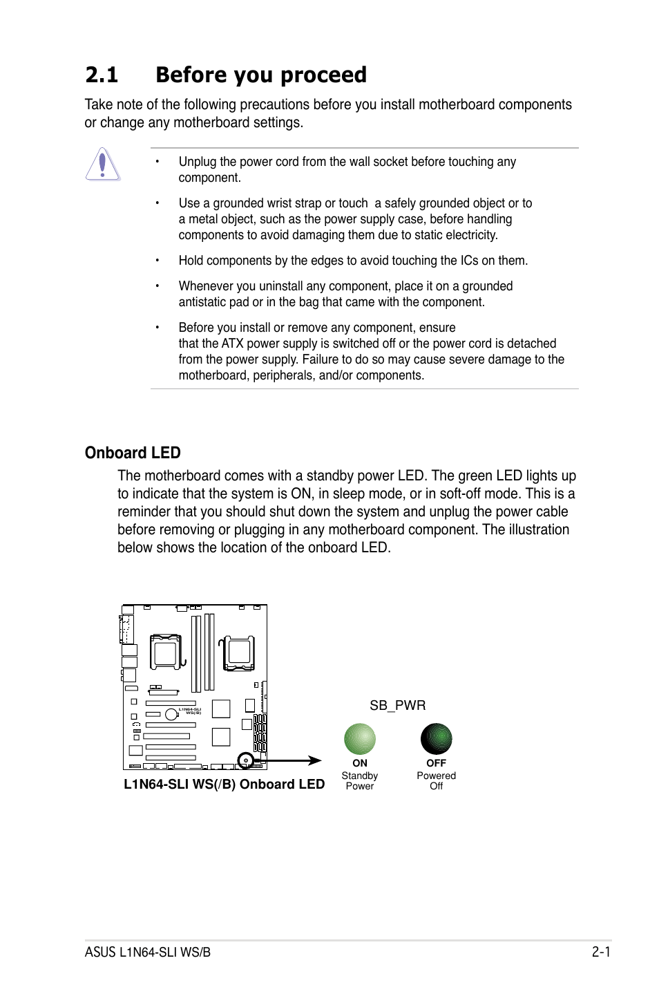 1 before you proceed, Onboard led | Asus L1N64-SLI WS/B User Manual | Page 21 / 108