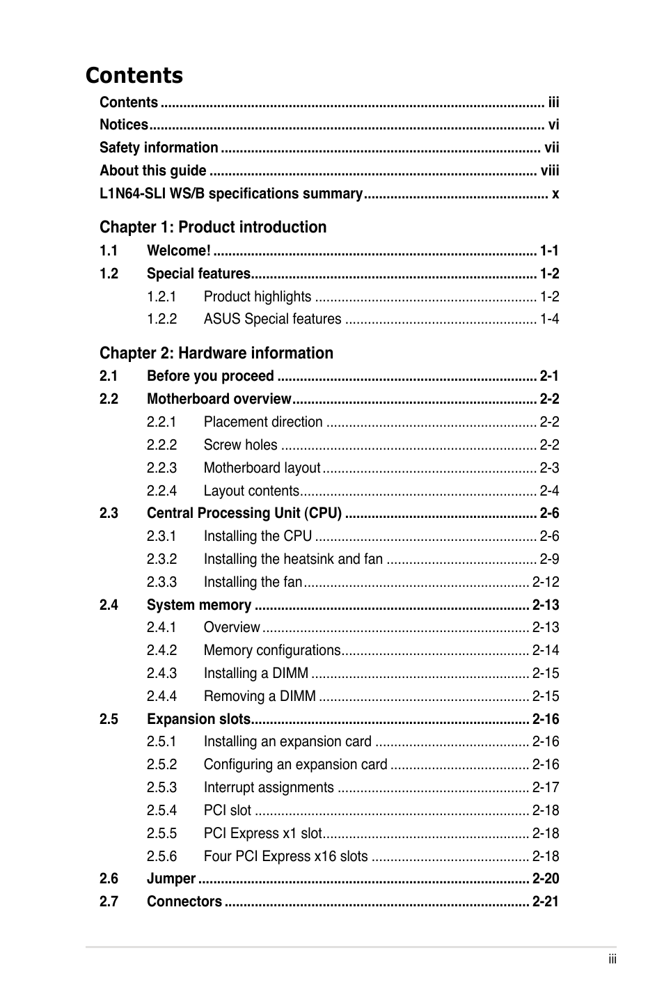 Asus L1N64-SLI WS/B User Manual | Page 3 / 108