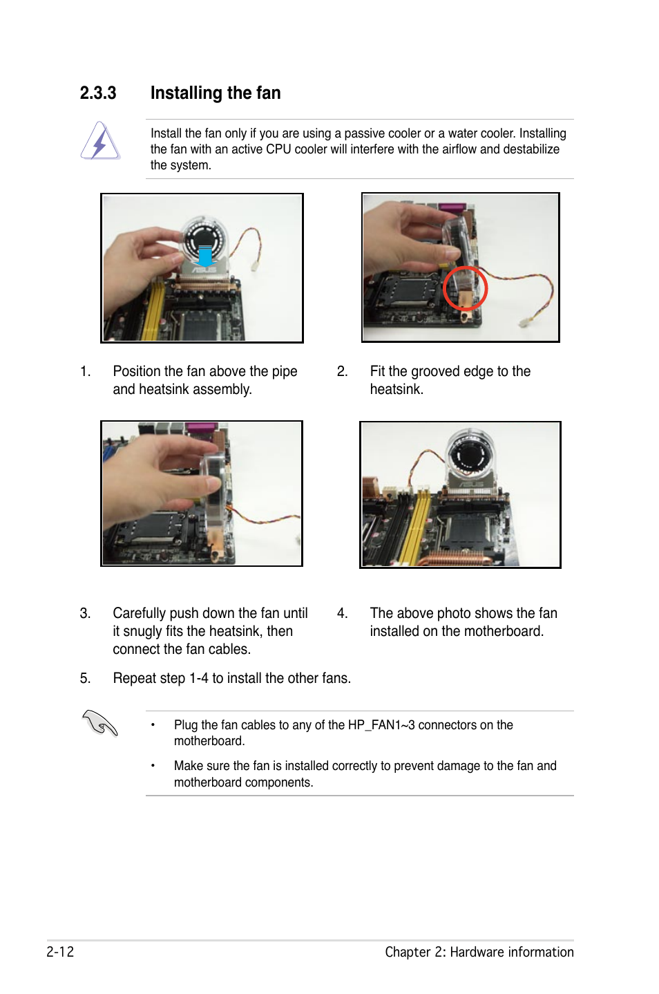 3 installing the fan | Asus L1N64-SLI WS/B User Manual | Page 32 / 108