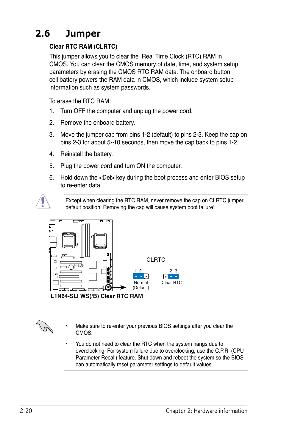 6 jumper | Asus L1N64-SLI WS/B User Manual | Page 40 / 108