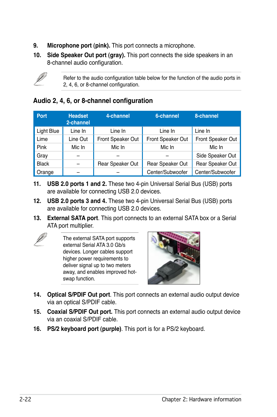 Audio 2, 4, 6, or 8-channel configuration | Asus L1N64-SLI WS/B User Manual | Page 42 / 108