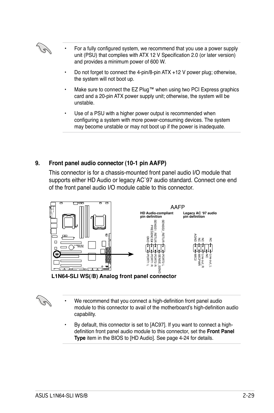 L1n64-sli ws(/b) analog front panel connector aafp | Asus L1N64-SLI WS/B User Manual | Page 49 / 108