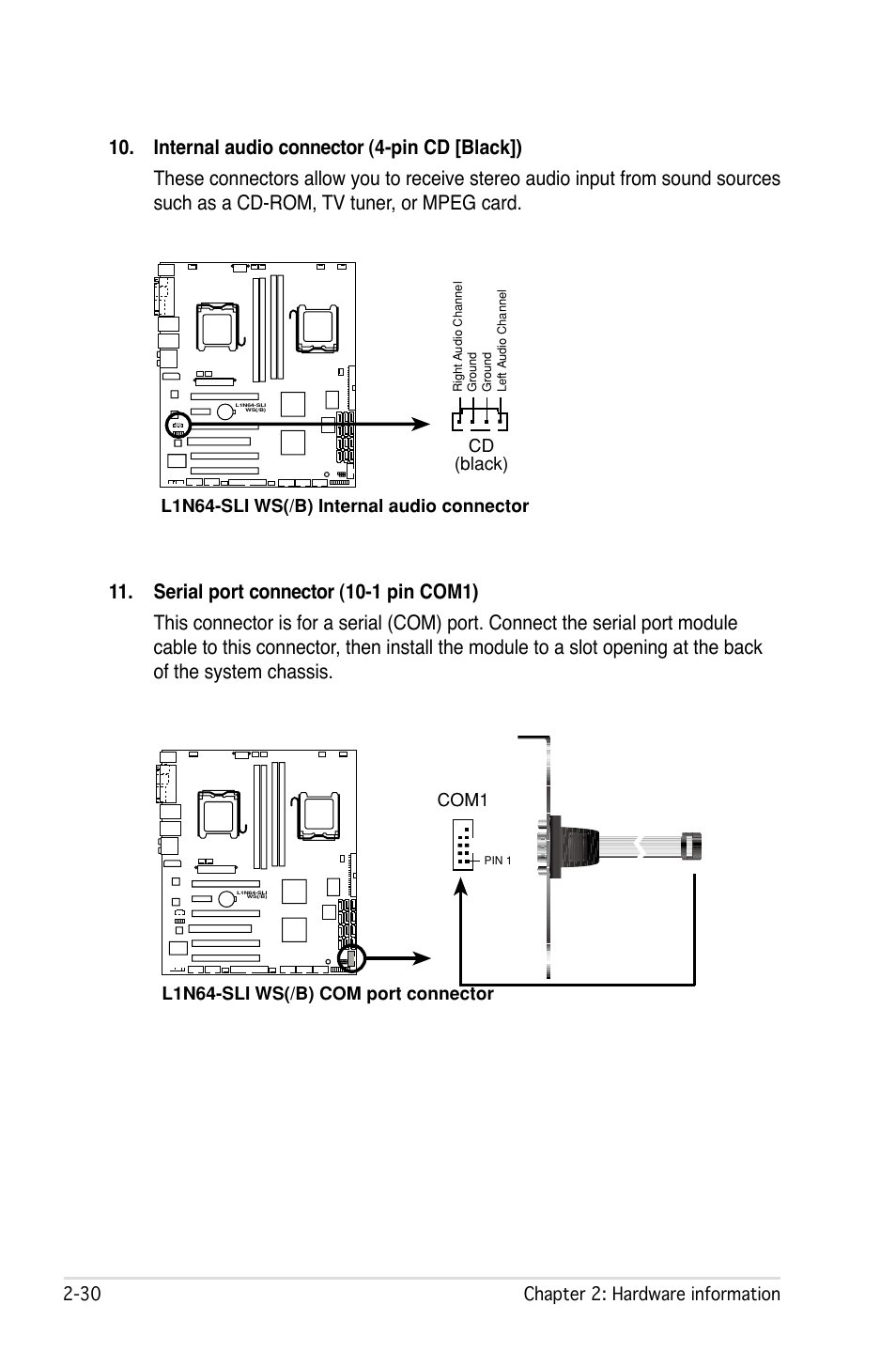 0 chapter 2: hardware information, L1n64-sli ws(/b) com port connector, Com1 | Asus L1N64-SLI WS/B User Manual | Page 50 / 108