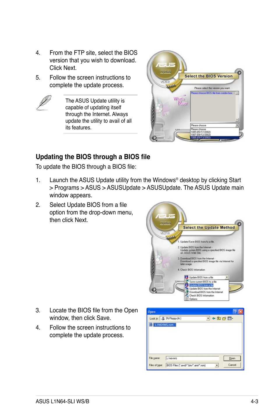 Updating the bios through a bios file | Asus L1N64-SLI WS/B User Manual | Page 61 / 108