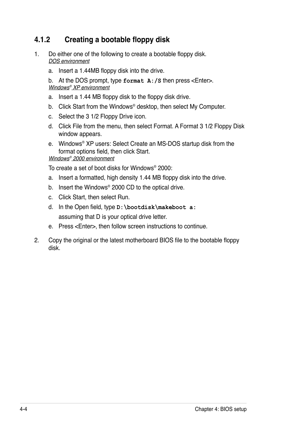 2 creating a bootable floppy disk | Asus L1N64-SLI WS/B User Manual | Page 62 / 108