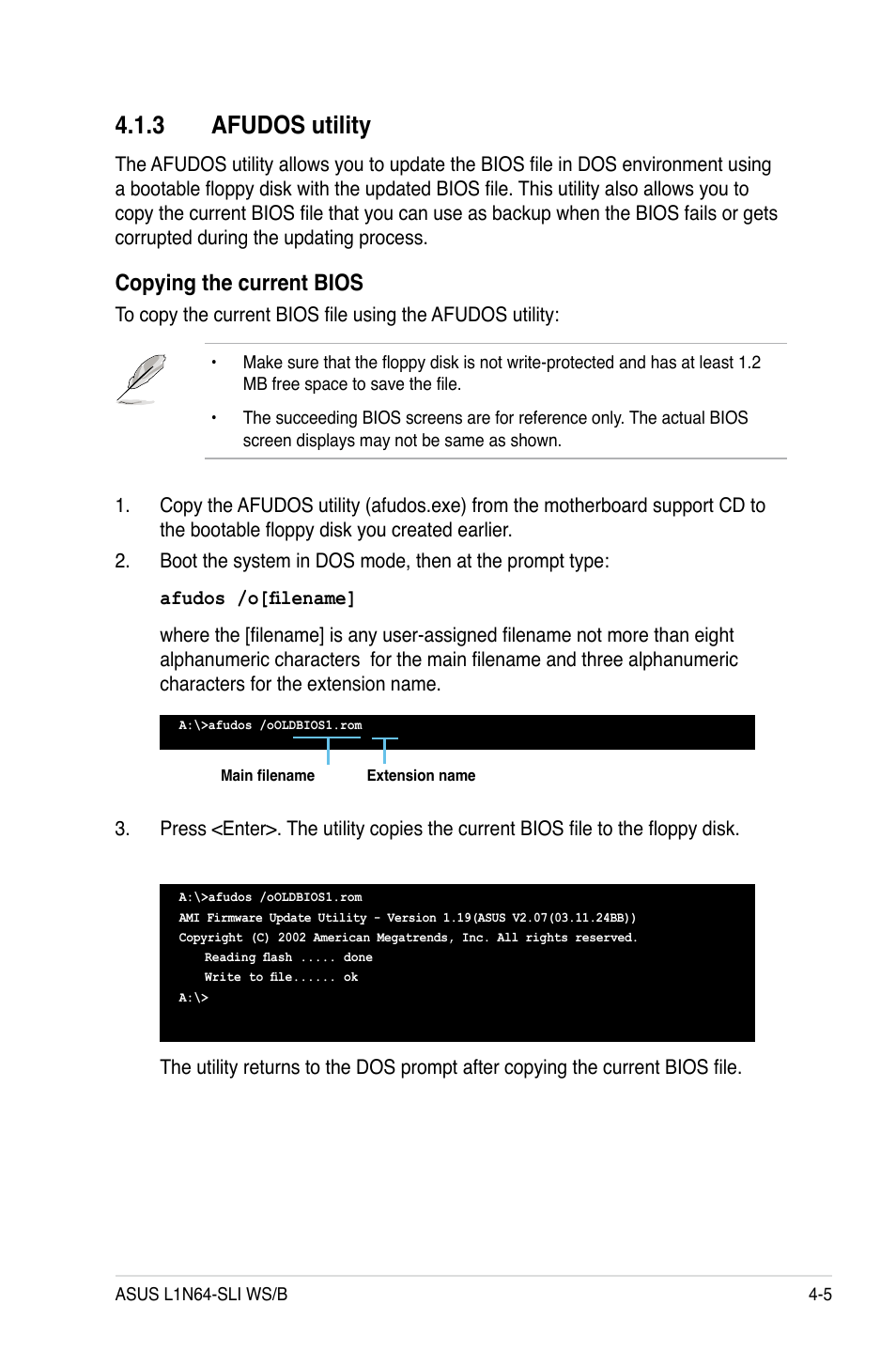 3 afudos utility, Copying the current bios | Asus L1N64-SLI WS/B User Manual | Page 63 / 108