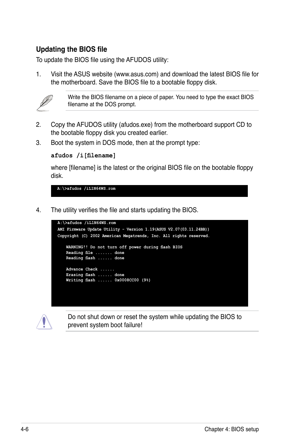 Updating the bios file | Asus L1N64-SLI WS/B User Manual | Page 64 / 108