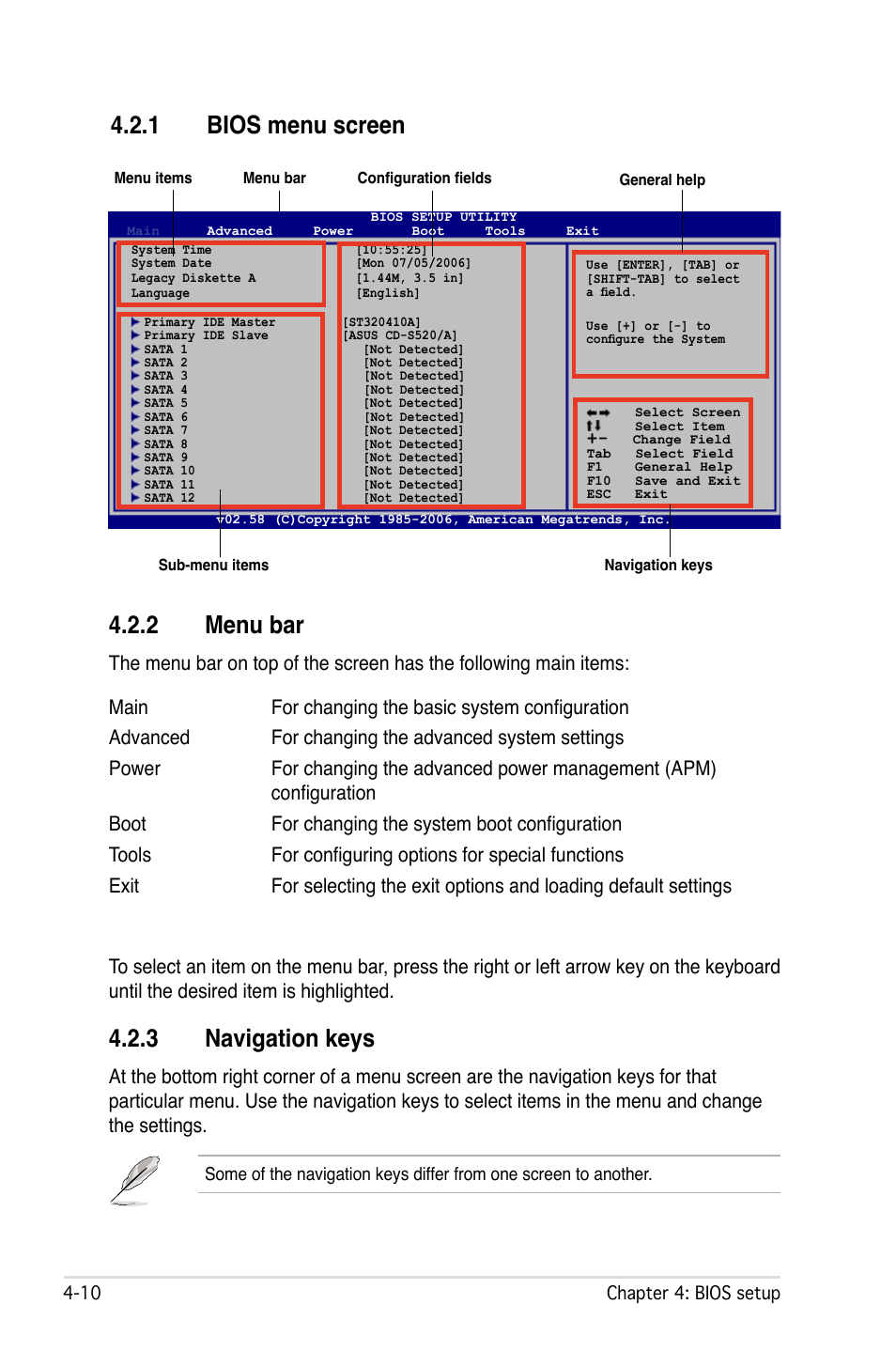 2 menu bar, 3 navigation keys, 1 bios menu screen | Asus L1N64-SLI WS/B User Manual | Page 68 / 108