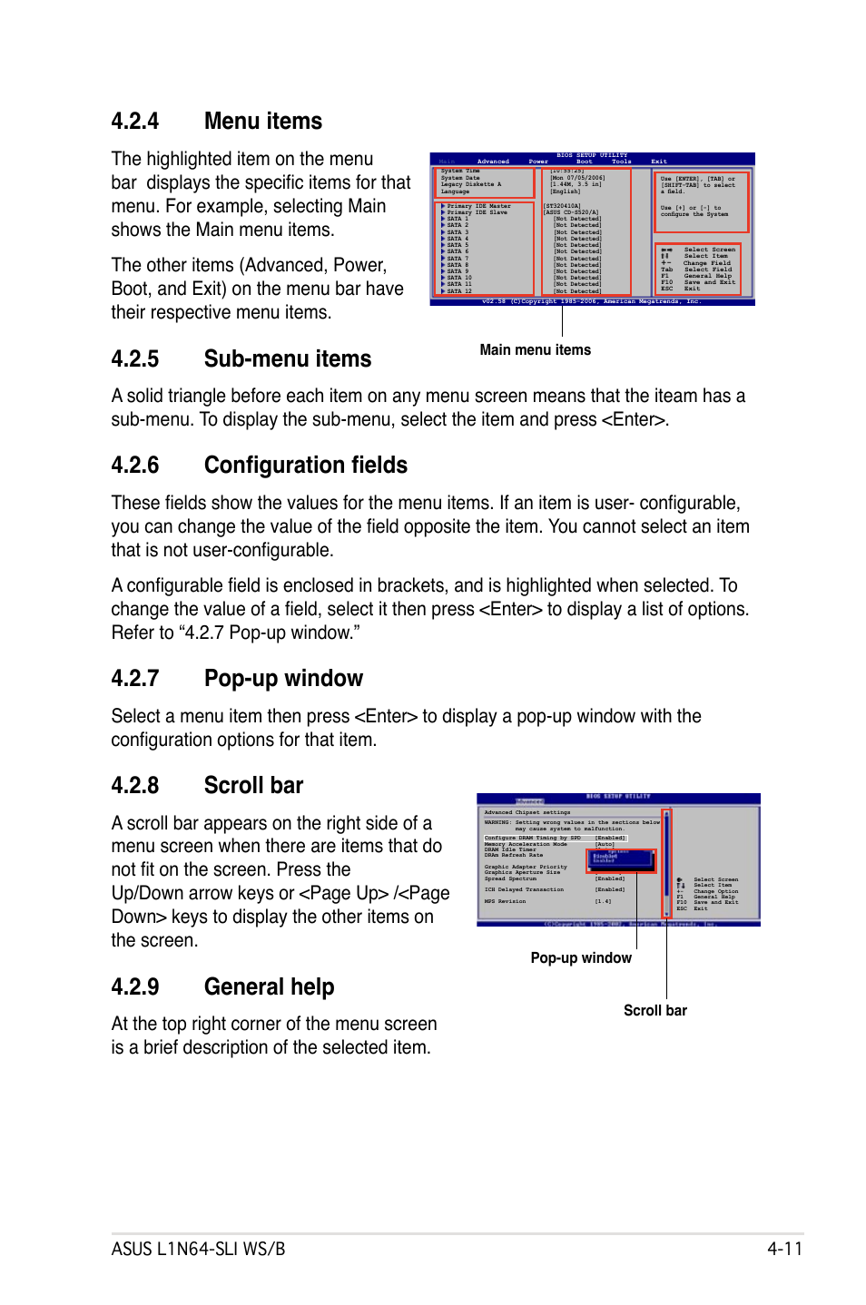 4 menu items, 5 sub-menu items, 6 configuration fields | 7 pop-up window, 8 scroll bar, 9 general help, Asus ln-sli ws/b, Scroll bar, Pop-up window main menu items | Asus L1N64-SLI WS/B User Manual | Page 69 / 108