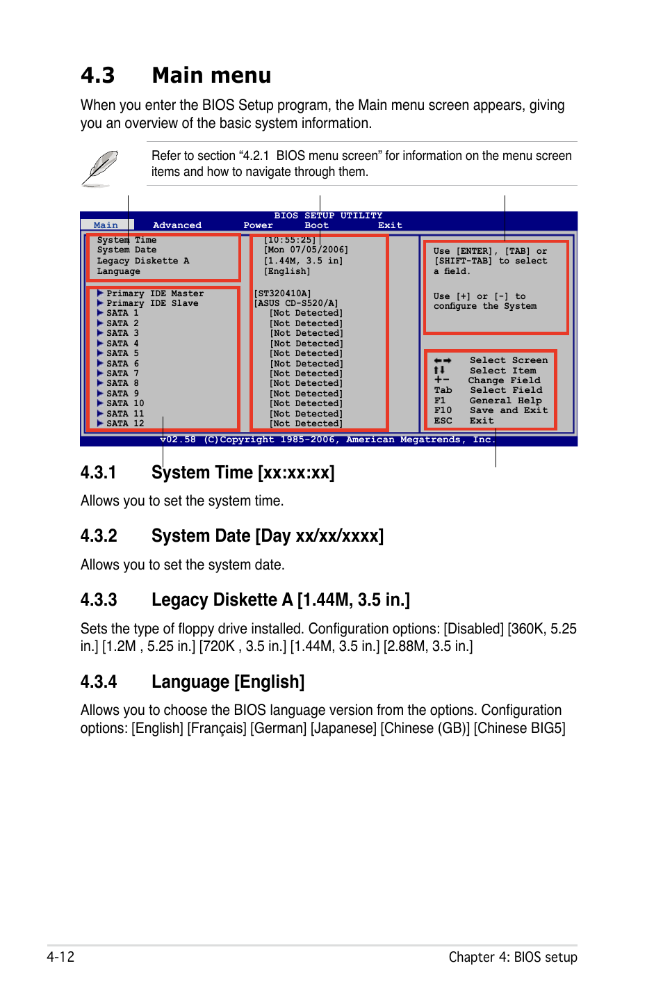 3 main menu, 1 system time [xx:xx:xx, 4 language [english | Allows you to set the system time, Allows you to set the system date | Asus L1N64-SLI WS/B User Manual | Page 70 / 108